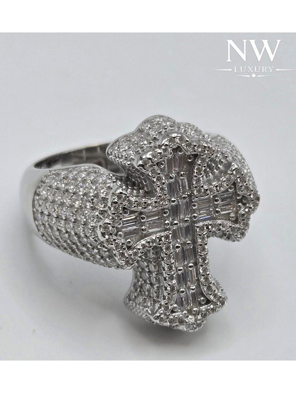 MOISSANITE 4ctw CROSS RING VVS1 D, Solid 925 Silver, Baguettes Icey Hiphop